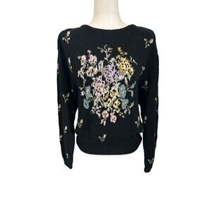 Liz Claiborne Collection Black Rose Floral Hand Knit Sweater Silk Cotton Size L